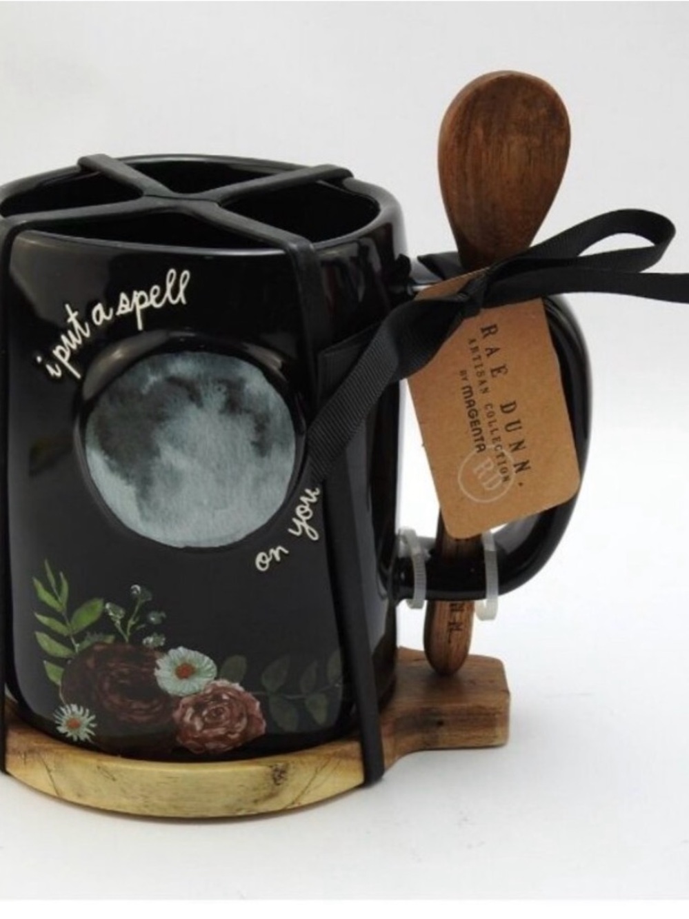 Rae Dunn Black Ceramic Mug with Floral Moon Design and Wooden Spoon